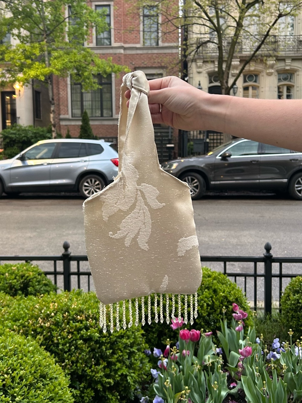 Handmade Beaded Fringe Evening Bag in Cream